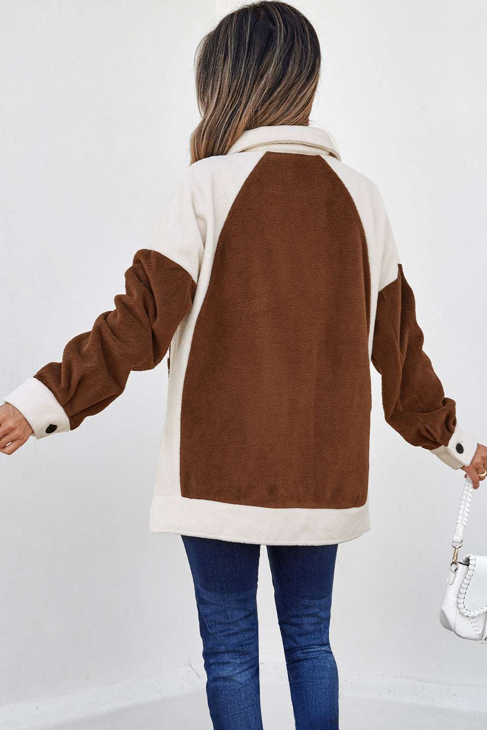 Ladies Brown Panels Fleece Shacket