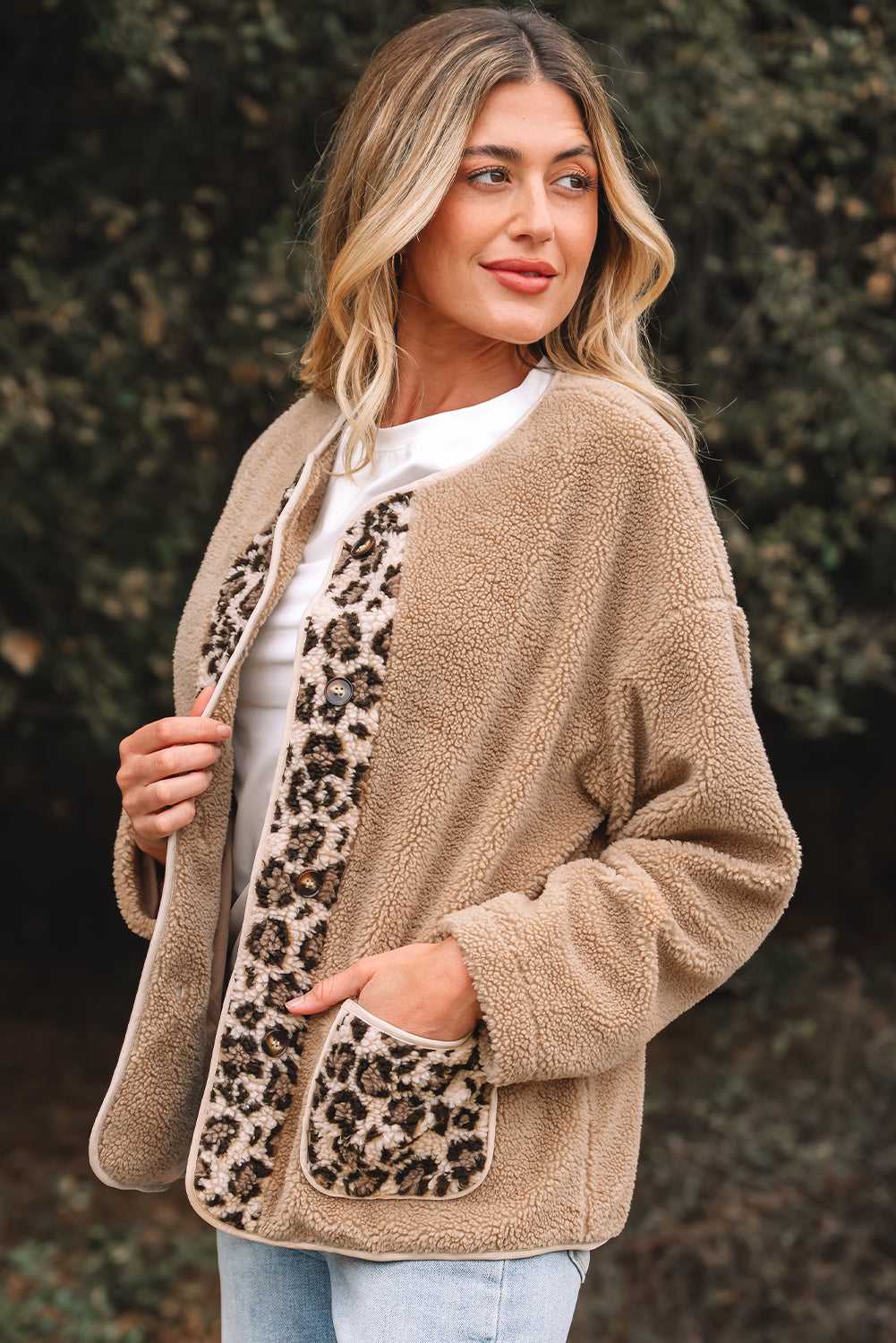 Plush Jacket with Leopard Print Panels