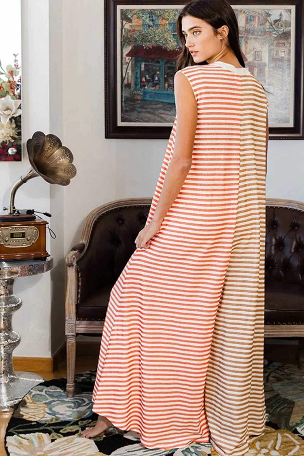 Oversized Sleeveless Wide Leg Jumpsuit - Orange Stripe