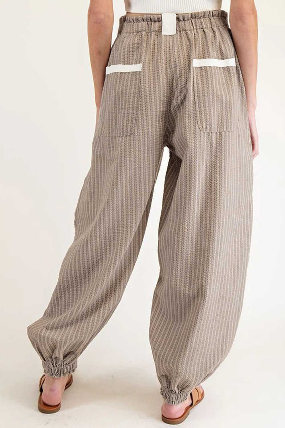 Brown Stripe Cargo Joggers - Drawstring Waist