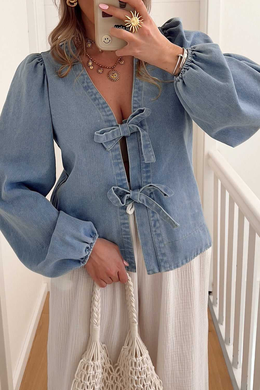 Blue Ties Puff Denim Top