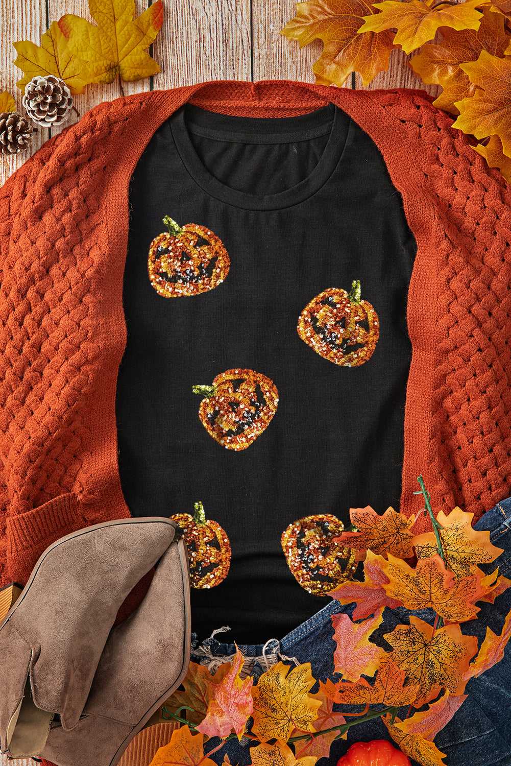 Sequin Pumpkin Face Halloween T-Shirt
