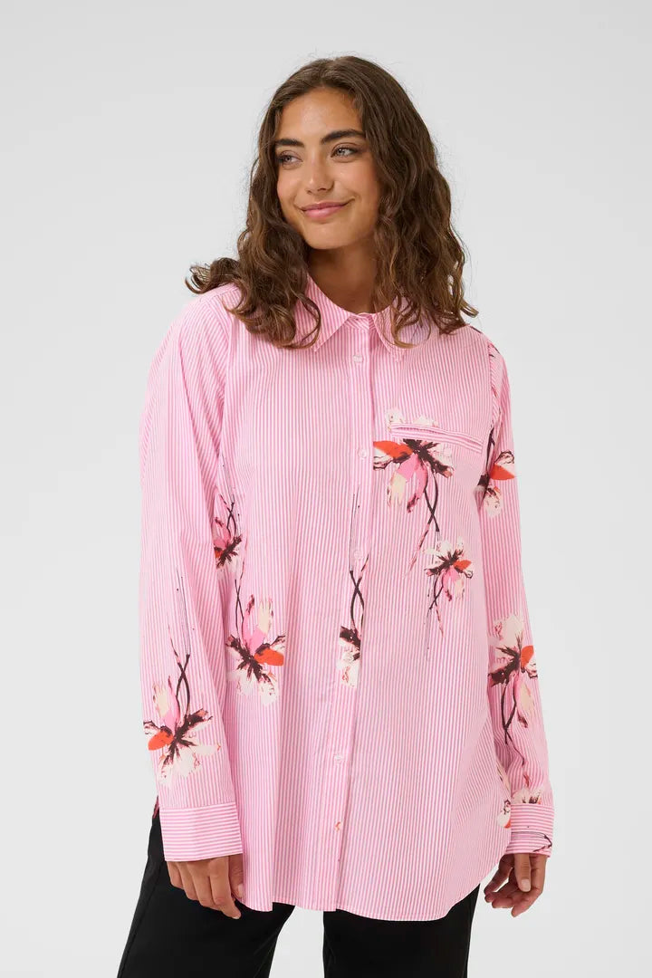CUBrila Long Shirt - Pink Flower Stripe
