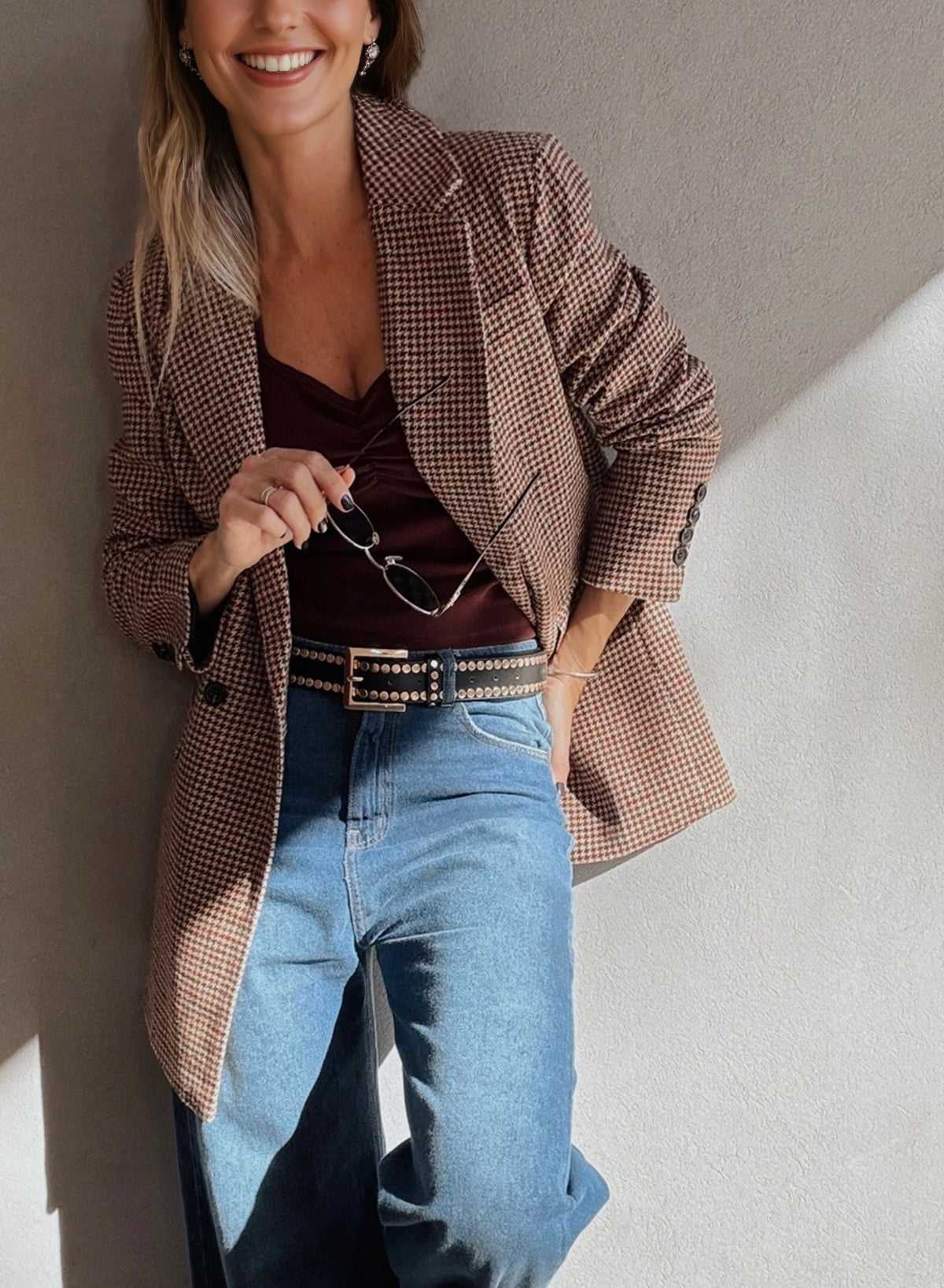 Ladies Brown Houndstooth Fitted Blazer