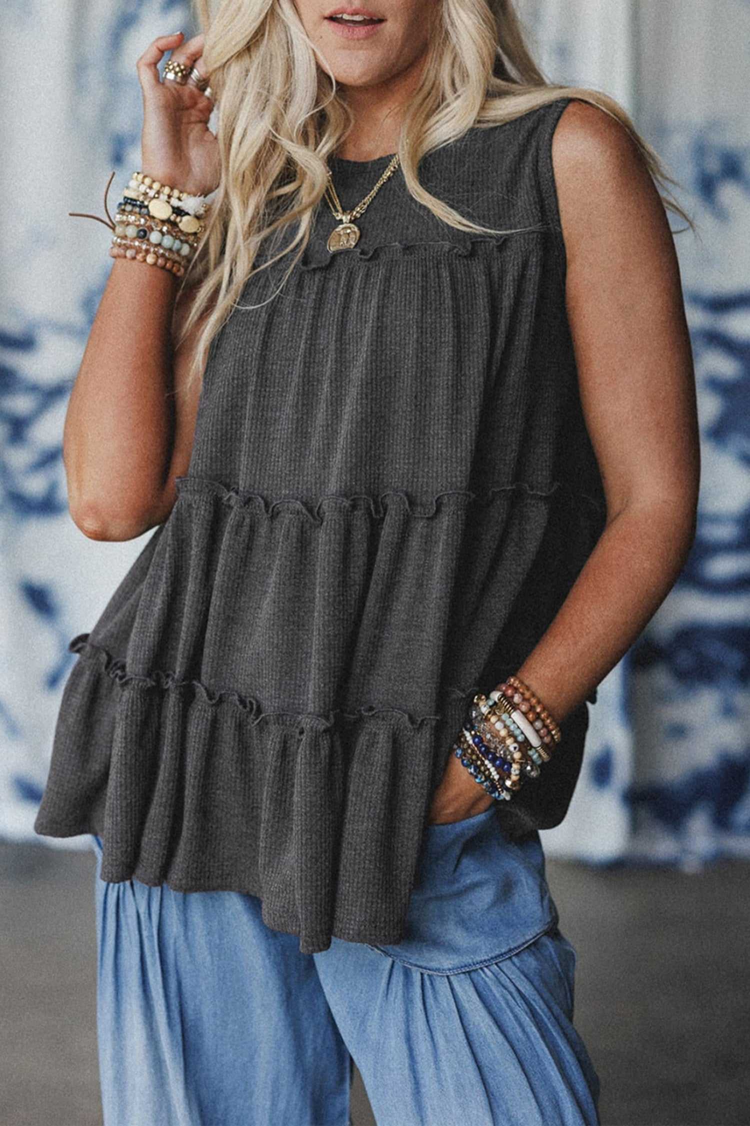 Dark Grey Tiered Frill Tank Top