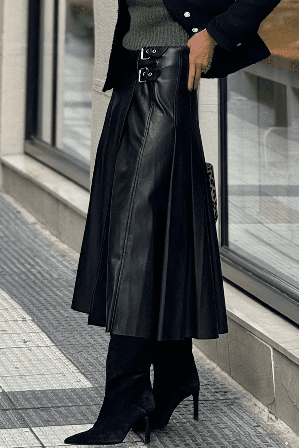 Black Faux Leather Pleated Flared Skirt