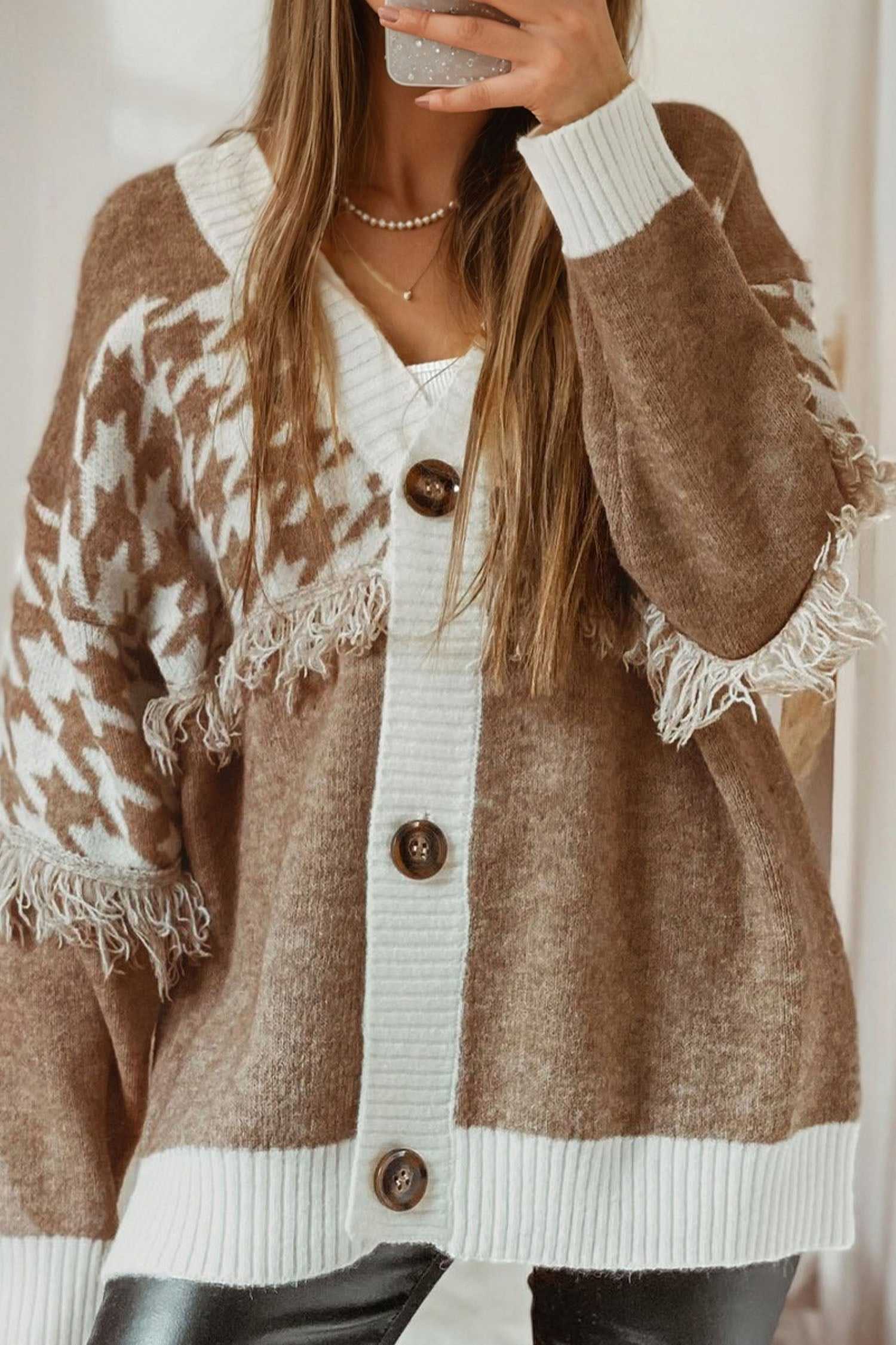 Khaki Houndstooth Knit Cardigan