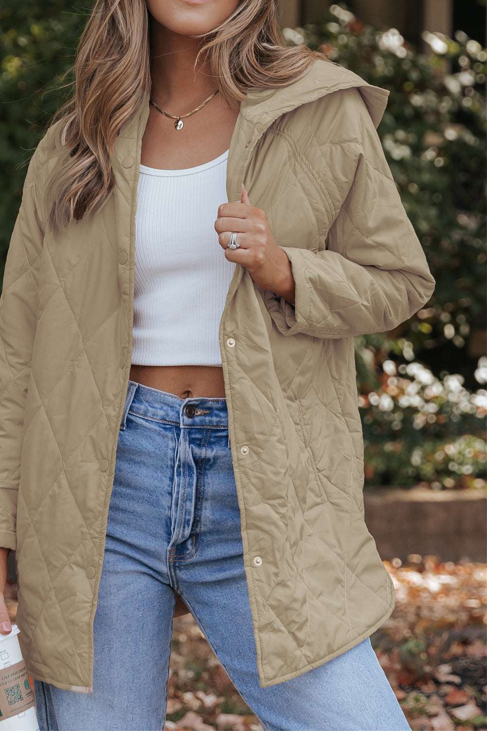 Khaki Quilted Puffer Jacket – Hooded Snap Button Coat