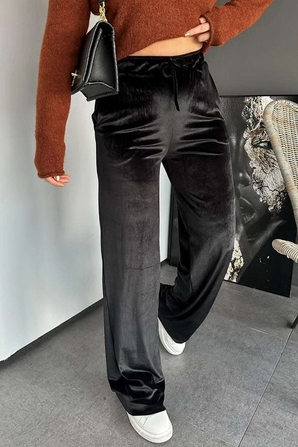 Black Velvet Straight‑Leg Drawstring Trousers