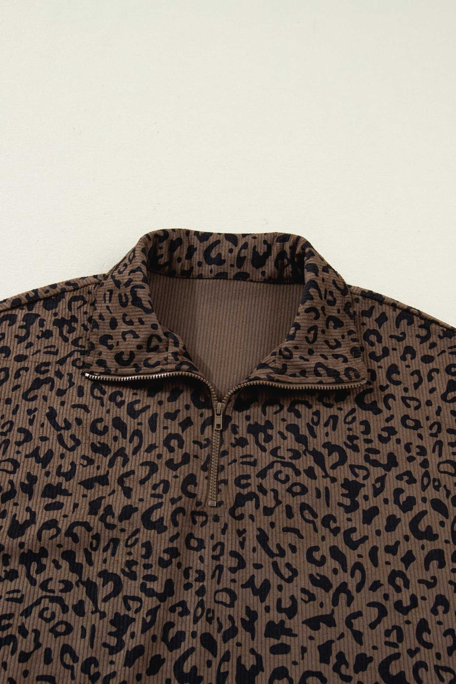 Brown Leopard Print Corduroy Half-Zip Jumper