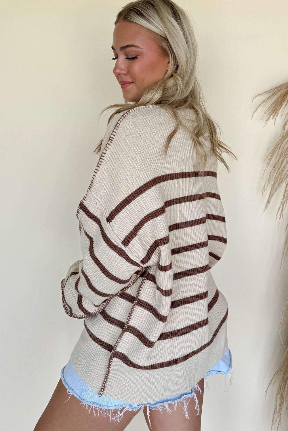 Casual Slouchy Striped Henley Jumper