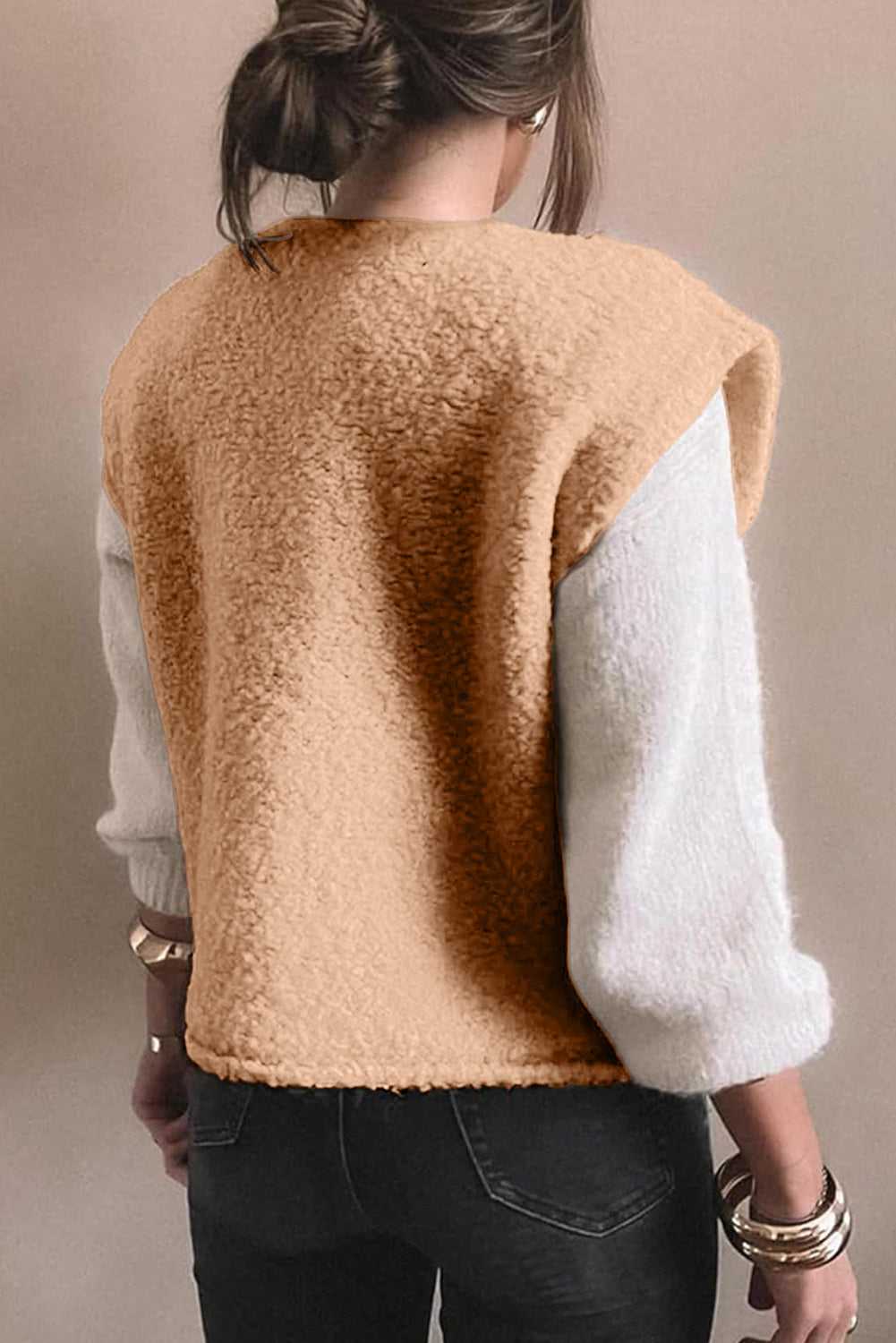 Ladies Beige Fuzzy Fleece Gilet with Big Button Accent