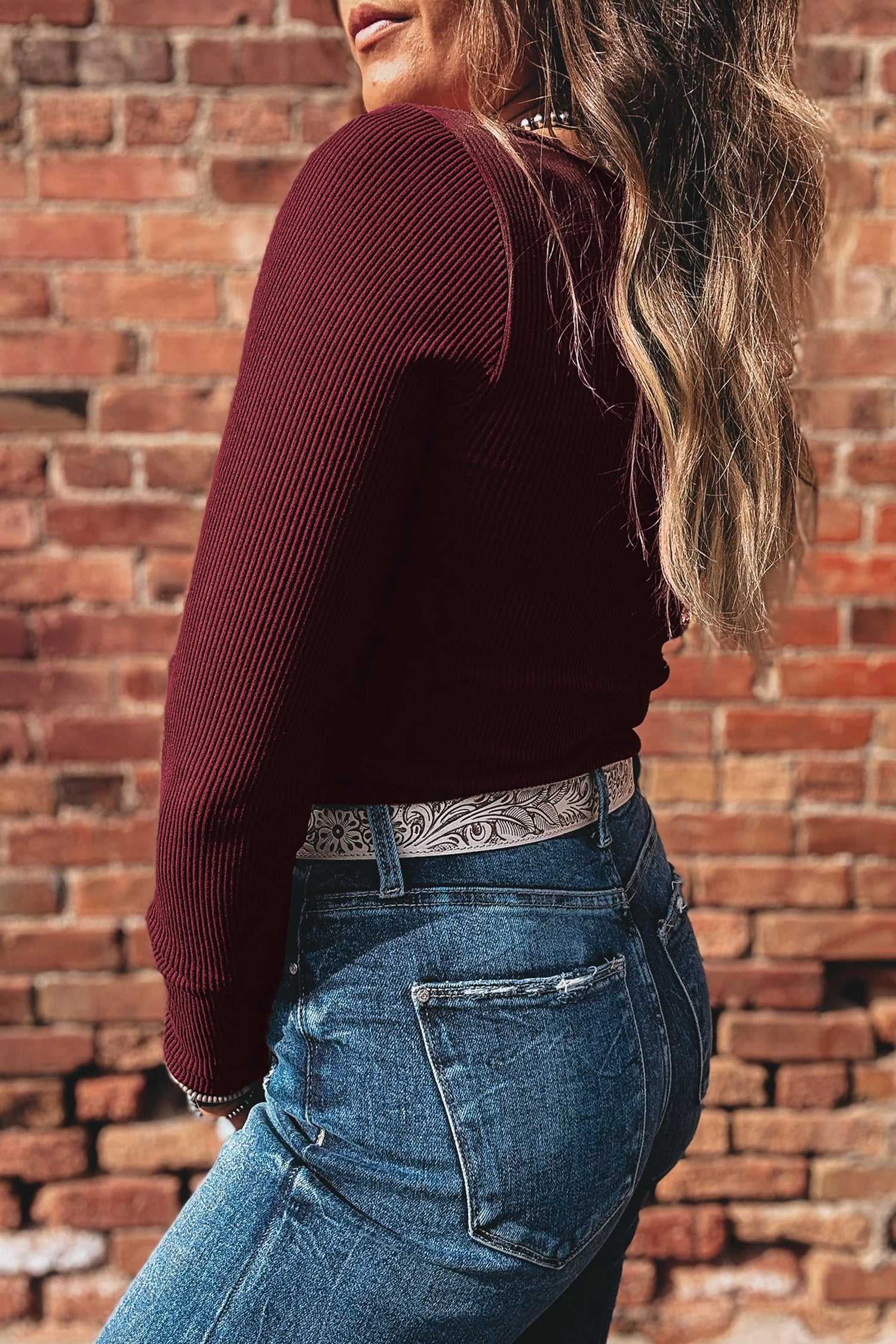 Brown Ribbed Long Sleeve Crop Top