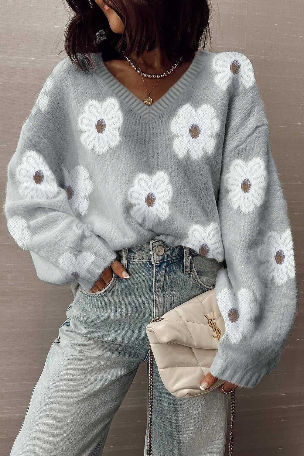 Oversized Grey Floral Knit Jumper – V‑Neck