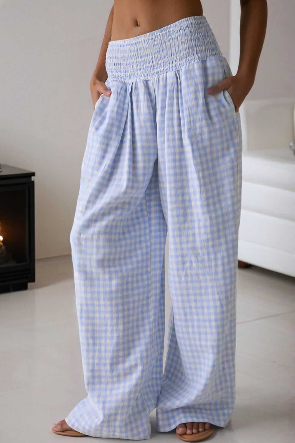 Elastic Waist Plaid Wide-Leg Trousers