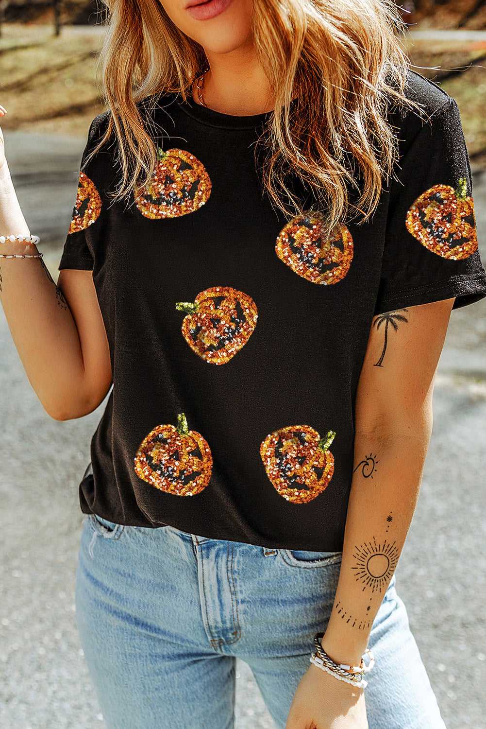 Sequin Pumpkin Face Halloween T-Shirt