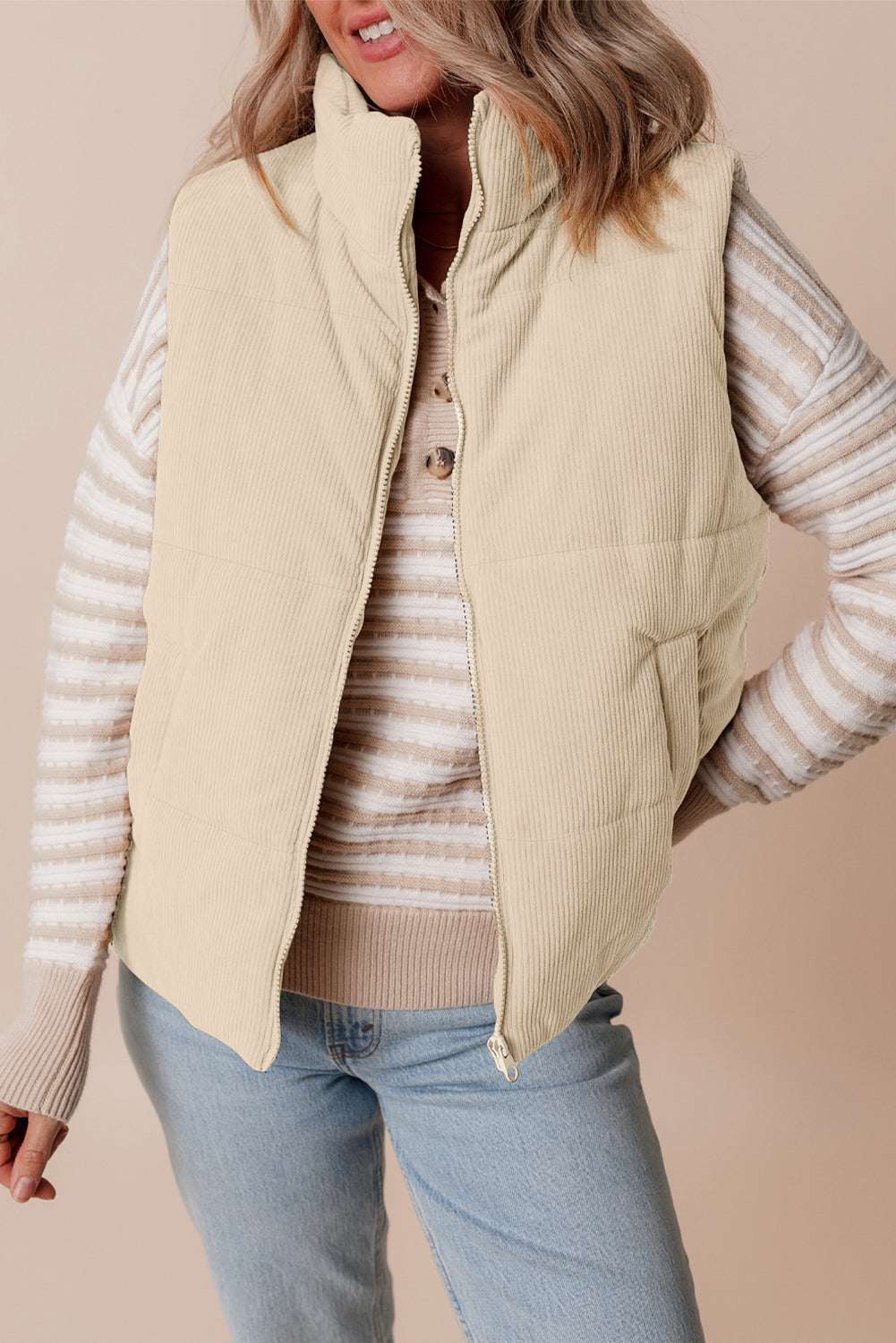 Beige Corduroy Puffer Gilet - Stand Neck Zipper