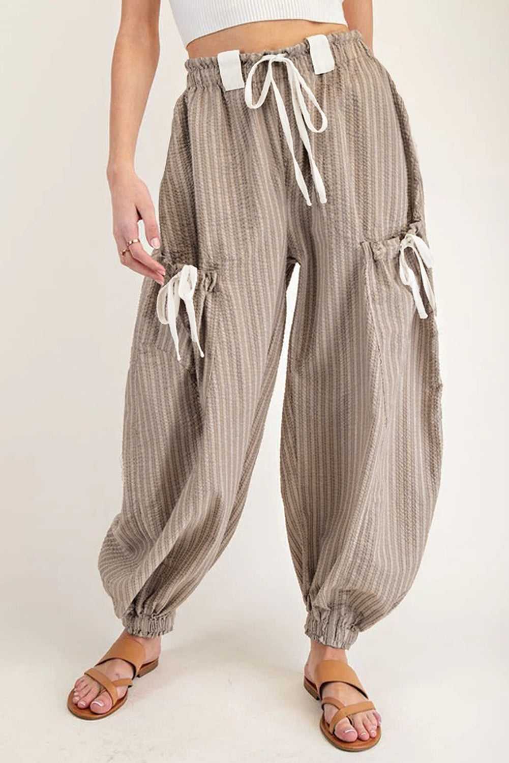 Brown Stripe Cargo Joggers - Drawstring Waist