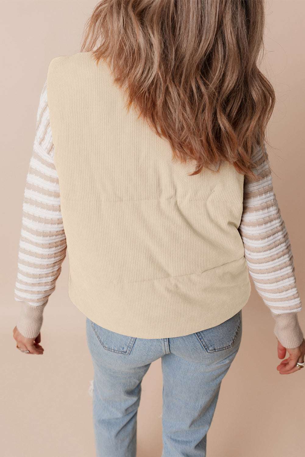 Beige Corduroy Puffer Gilet - Stand Neck Zipper