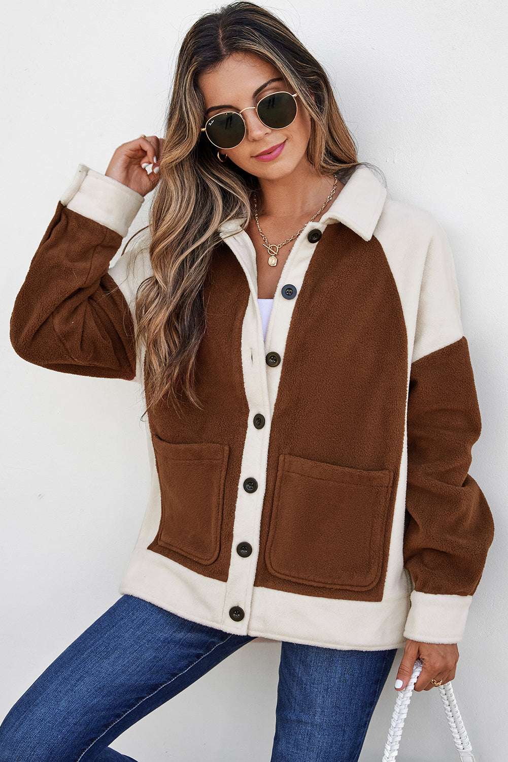 Ladies Brown Panels Fleece Shacket
