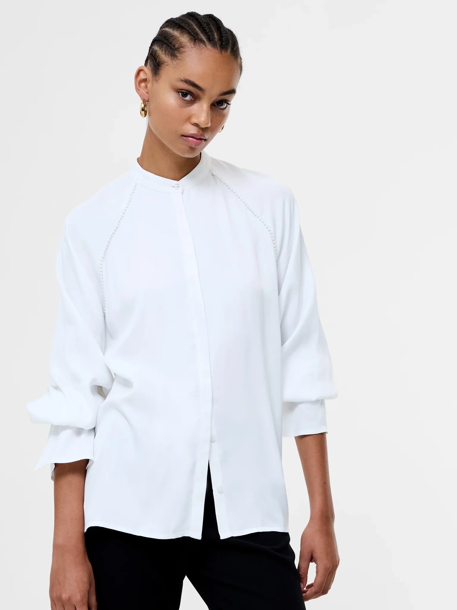 Candice Satin Pearl Trim Shirt - Winter White