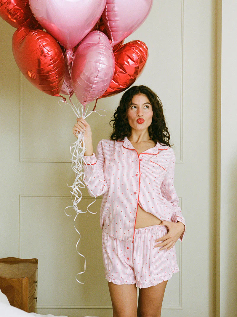 Stripe & Stare Soft Brushed Woven Pyjama Top-Heart Print