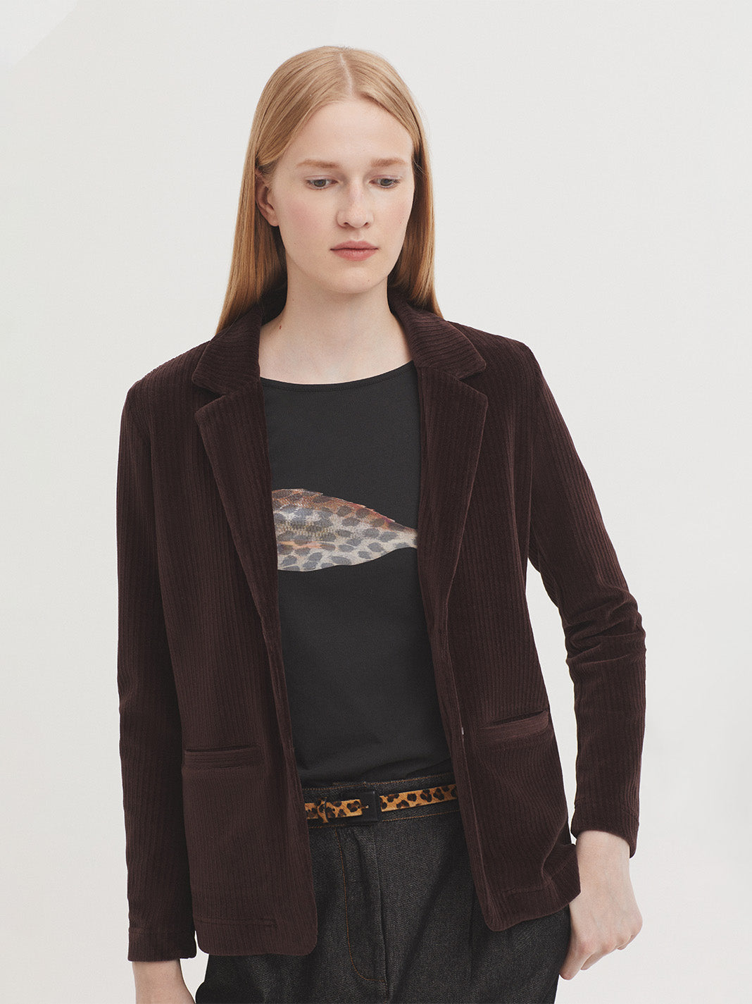 Stretchy Cord Blazer - Brown