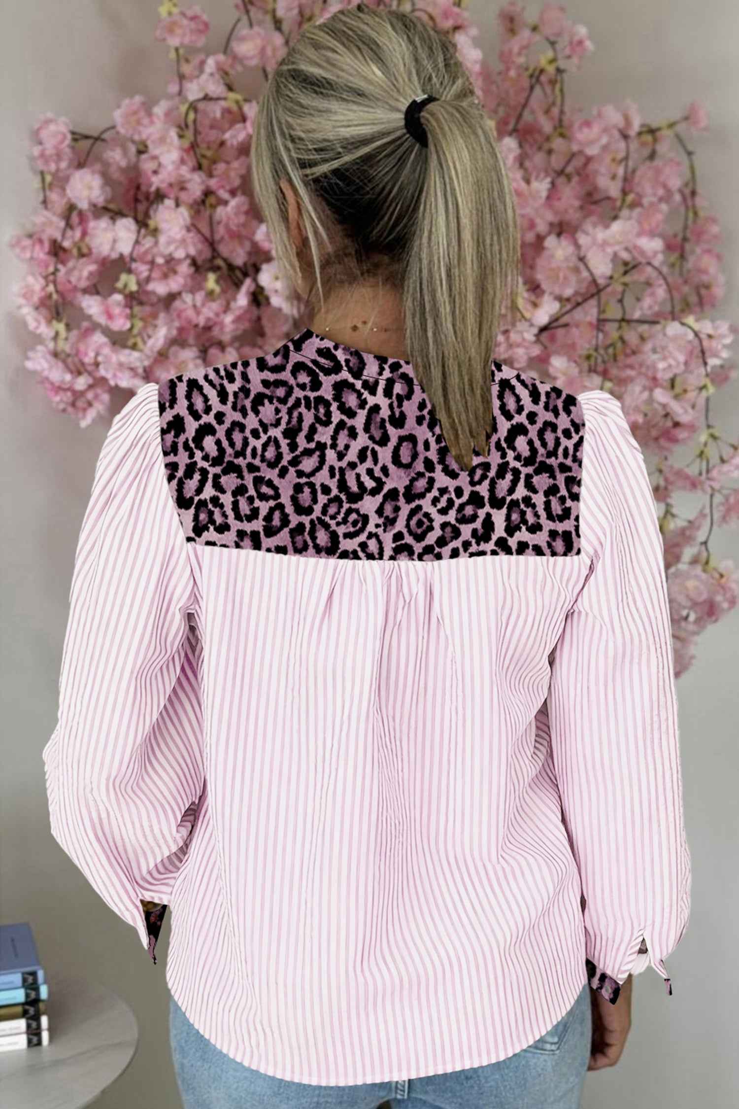 Ladies Leopard Pinstripe Contrast Shirt