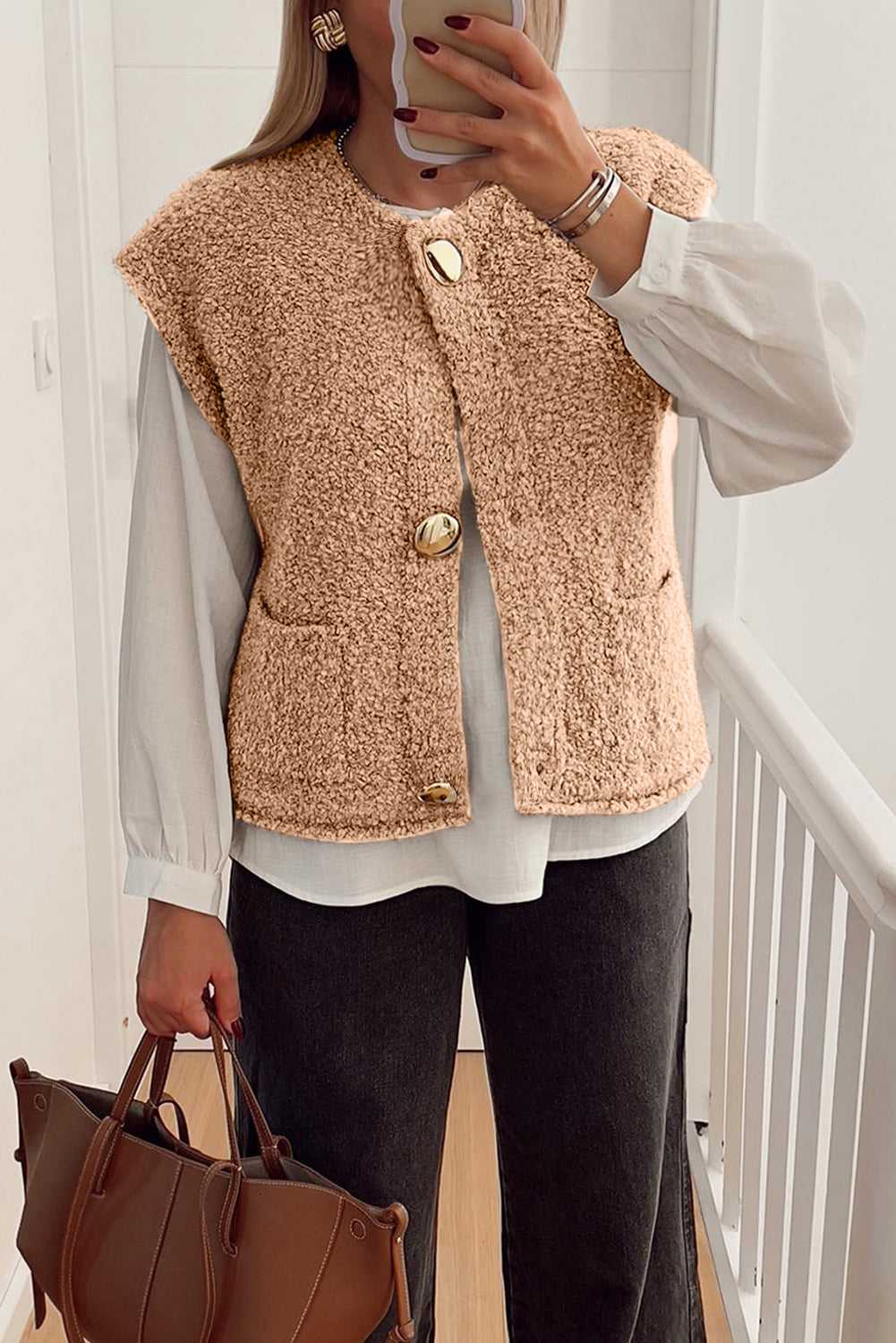 Ladies Beige Fuzzy Fleece Gilet with Big Button Accent