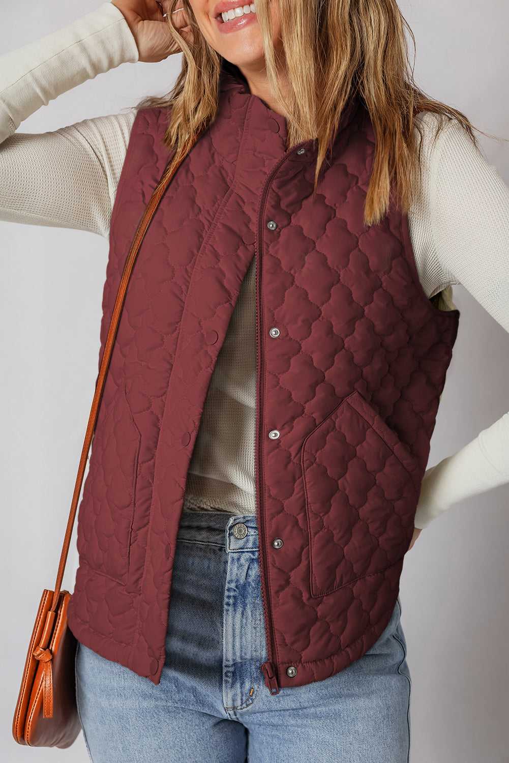 Flower‑Quilted Winter Gilet with Zip & Snap Buttons