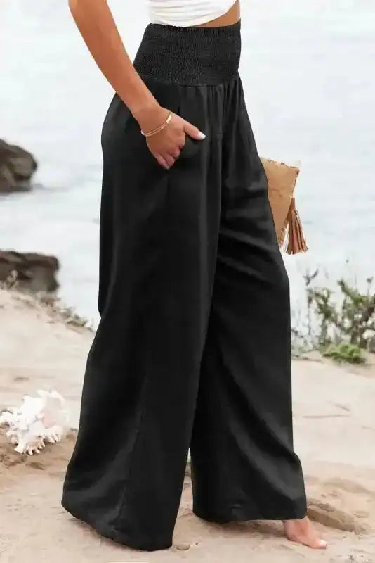 Black Shirred Wide Leg Pants Plus Size