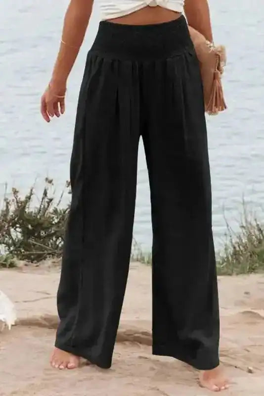 Black Shirred Wide Leg Pants Plus Size