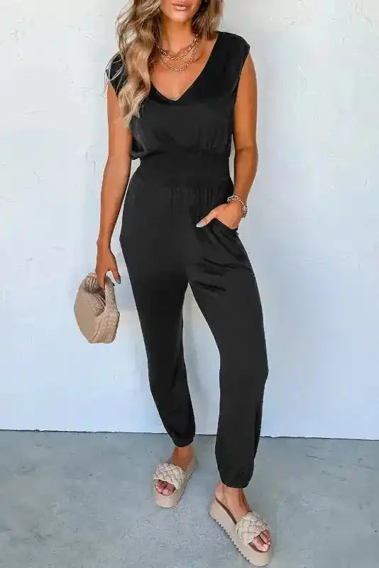 Black Shirred Jumpsuit - High Waist Sleeveless V-Neck