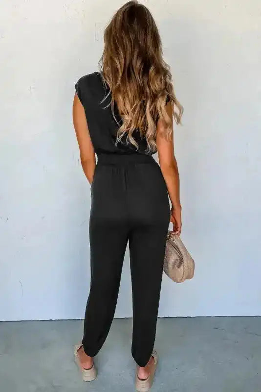 Black Shirred Jumpsuit - High Waist Sleeveless V-Neck