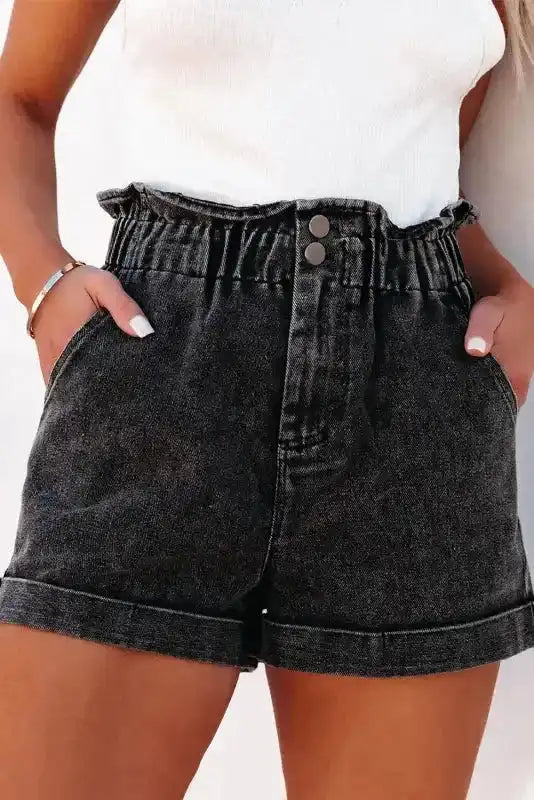 Black Vintage Washed Denim Shorts – High Waist Frilled Hem