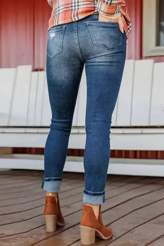 Blue Distressed Skinny Jeans - Button-Fly High-Waist