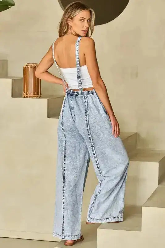 Beau Blue Frayed Wide Leg Denim Overall