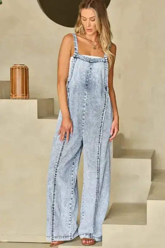 Beau Blue Frayed Wide Leg Denim Overall