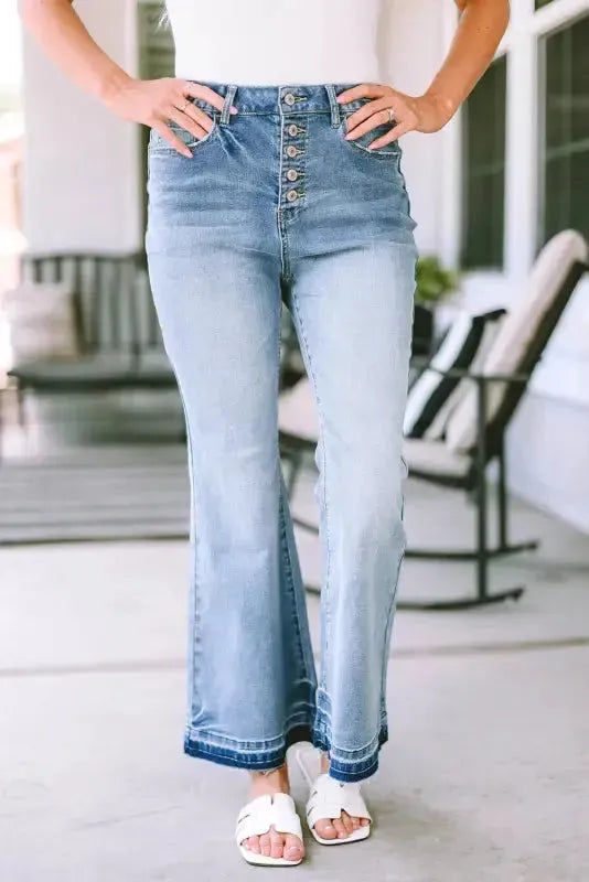Buttoned Distressed Flared Jeans