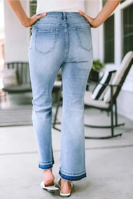 Buttoned Distressed Flared Jeans