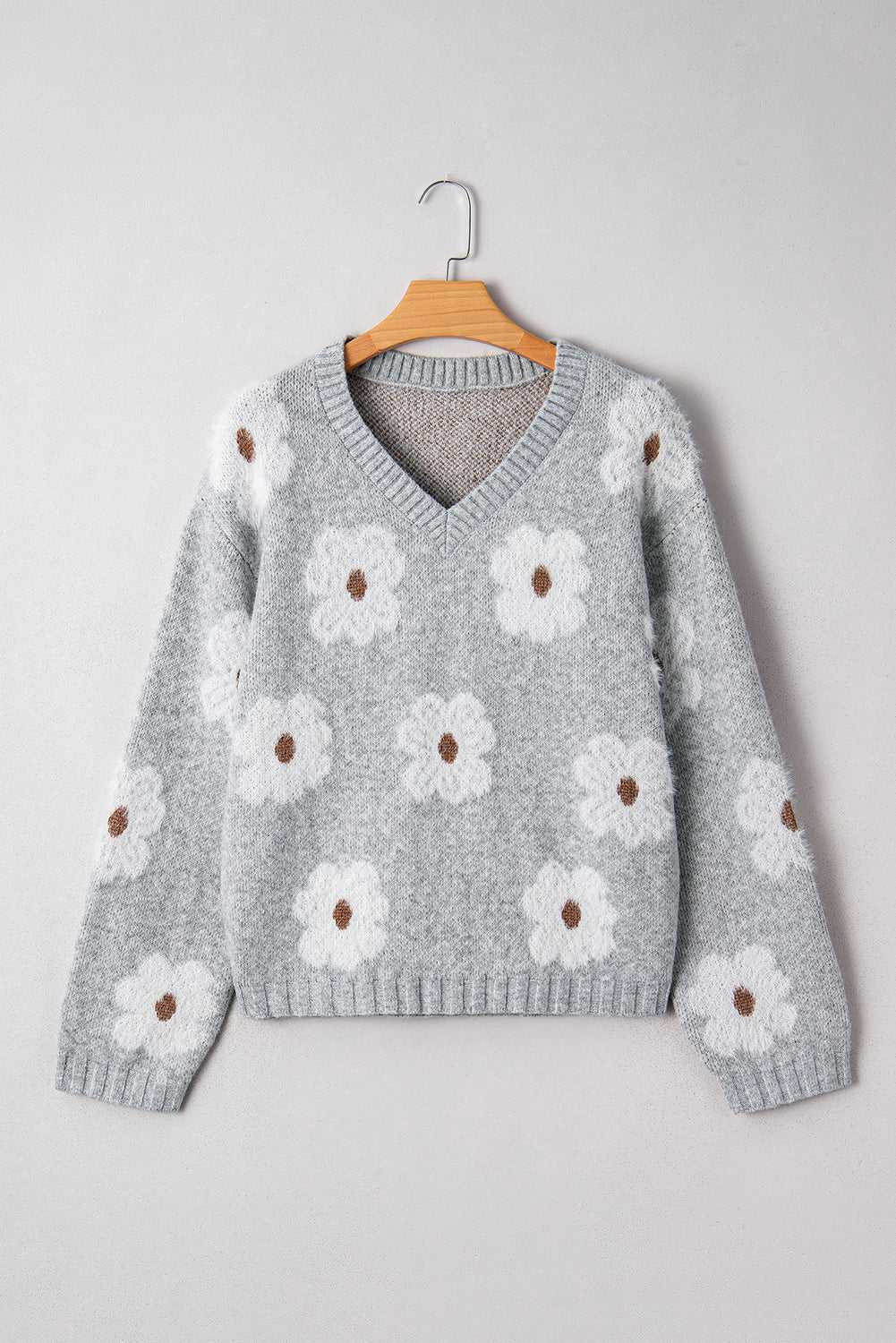Oversized Grey Floral Knit Jumper – V‑Neck