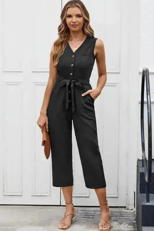 Cropped Jumpsuit with Sash - Buttoned Sleeveless