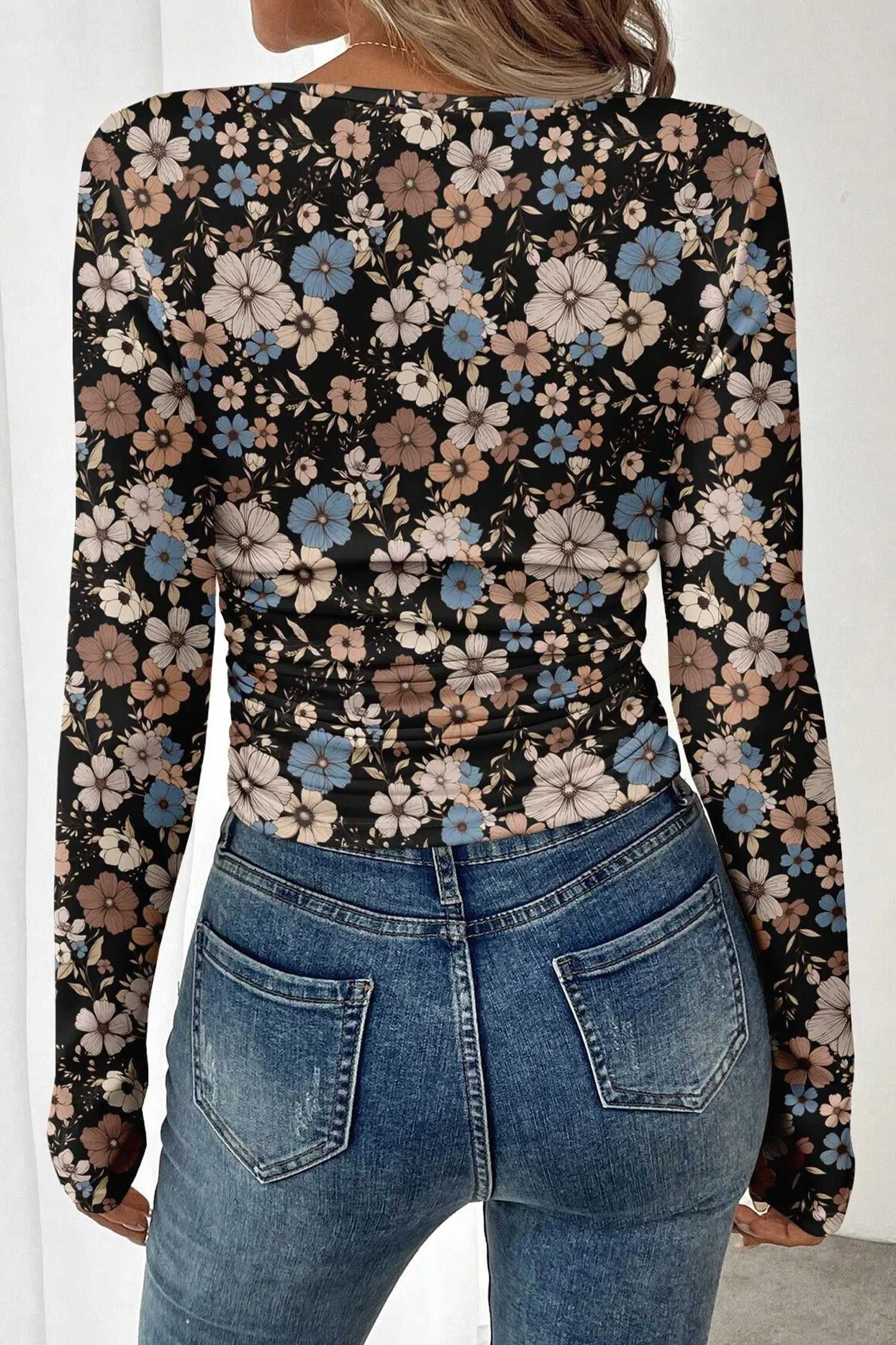 Black Floral Slim Long-Sleeve Top