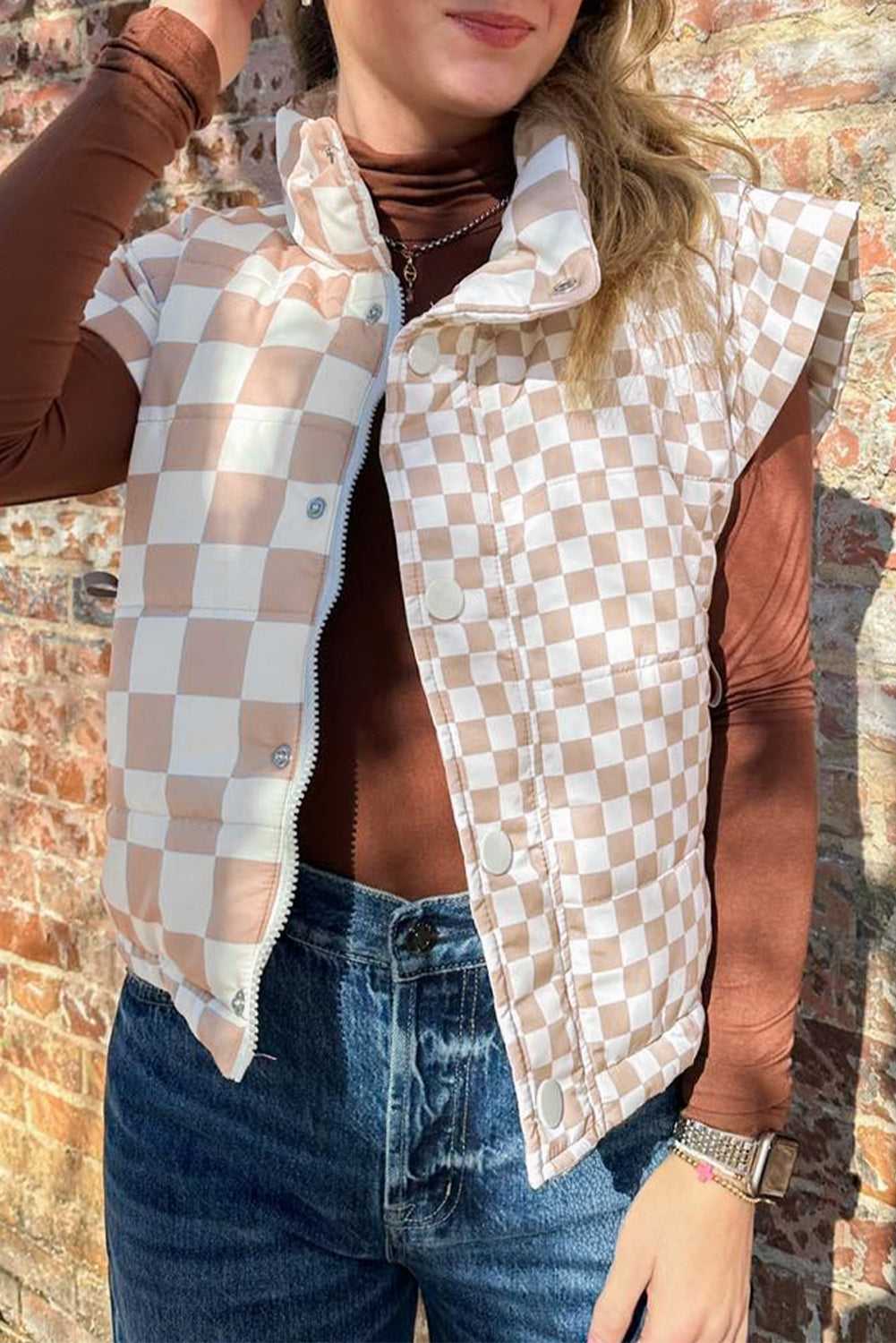 Khaki Plaid Quilted Gilet – Button & Zip Closure