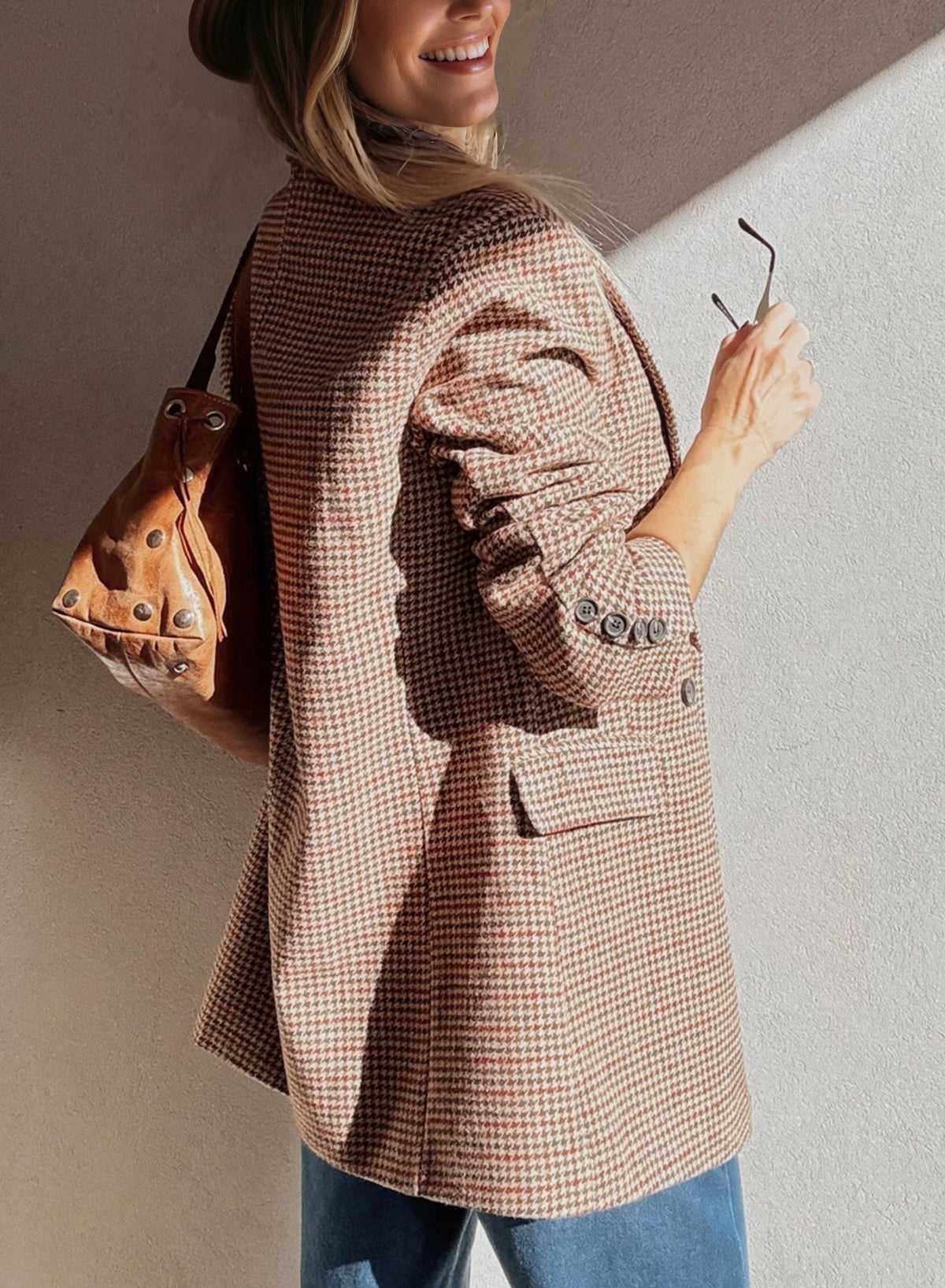 Ladies Brown Houndstooth Fitted Blazer