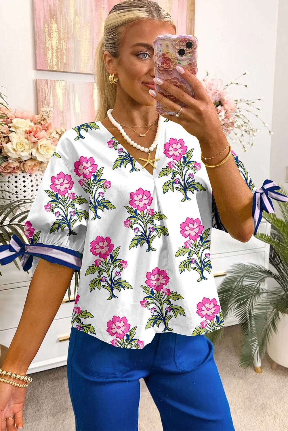 White Floral Summer Blouse