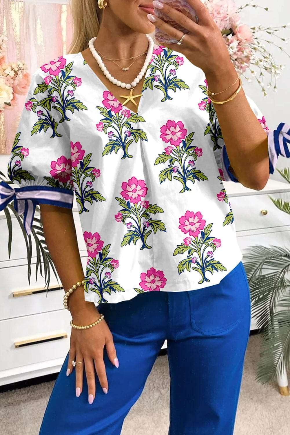 White Floral Summer Blouse