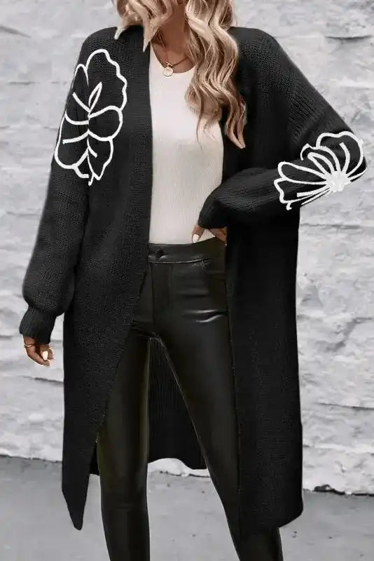 Black Duster Cardigan - Flower Embroidered Open Front