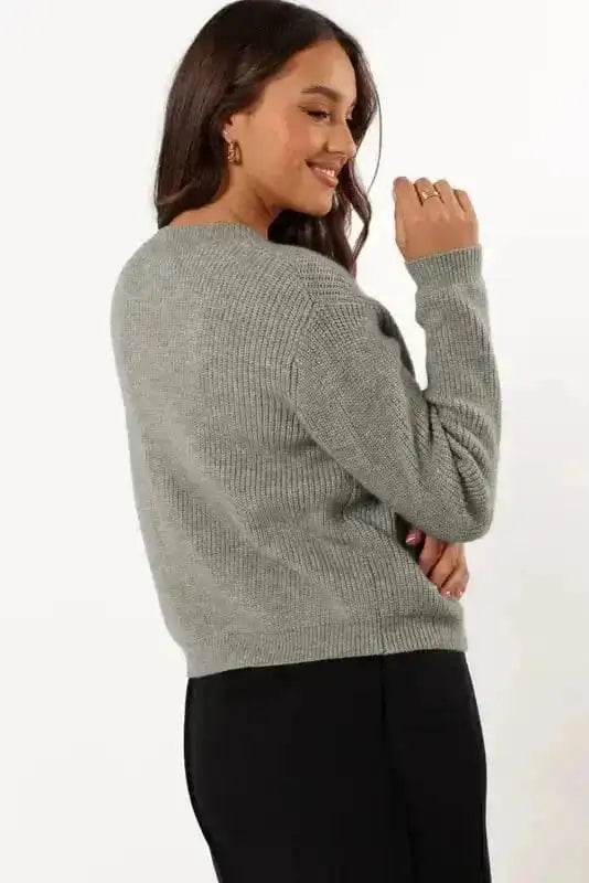 Bow Buttons Cardigan - Grey Ribbed Knit