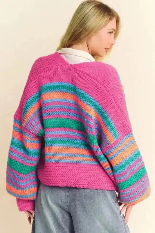 RosyStripes Puff Sleeve Cardigan